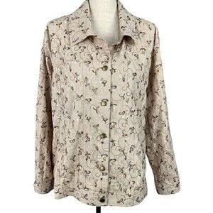 Leslie Fay Woman Button Up Shacket Plus 2X Beige Embroidered Cotton